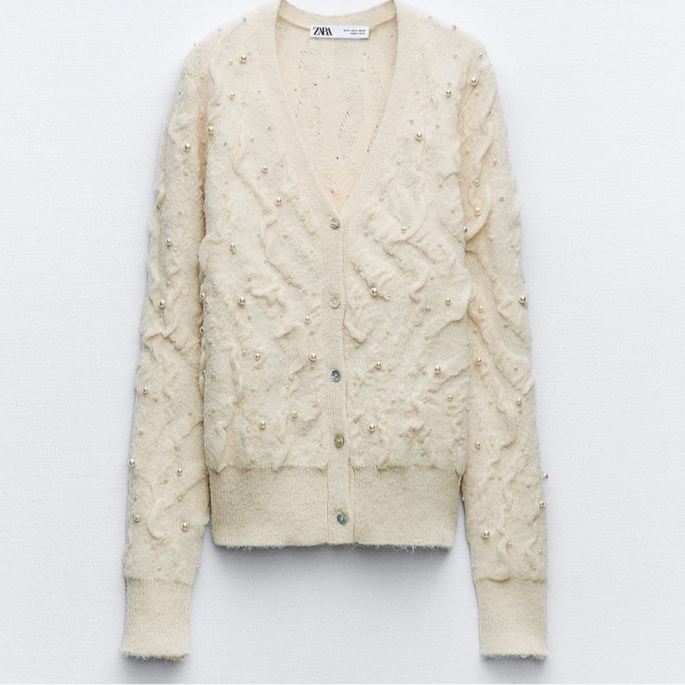 Zara PEARL TEXTURED KNIT CARDIGAN | COLOR: ECRU | SIZE: M | BRAND NEW